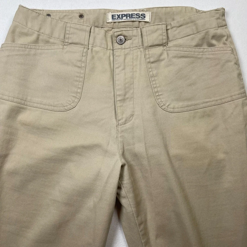 Express Pants Women 11/12 Beige Cotton Stretch Pockets High-Rise Wide Leg Preppy